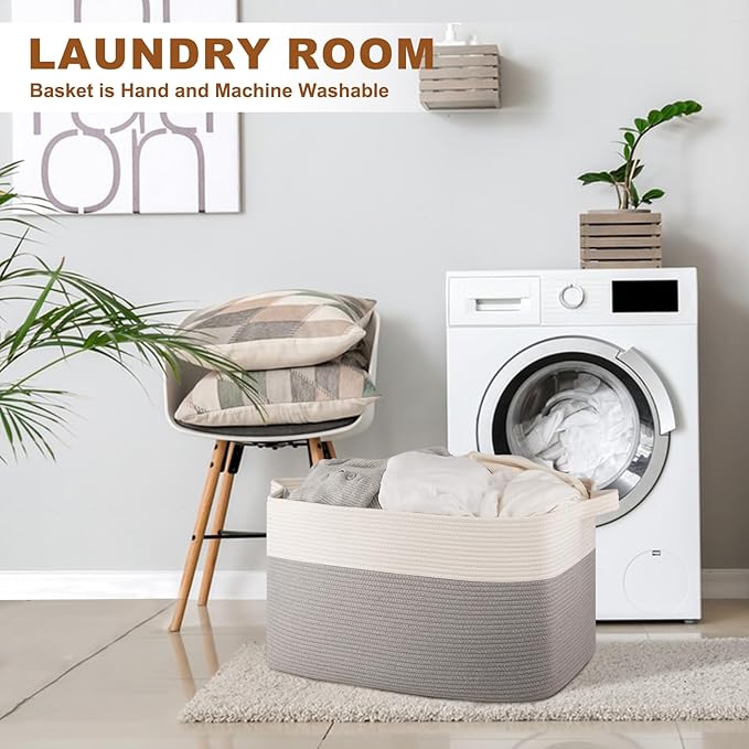 Extra Large Laundry Basket, 95L Blanket Basket for Living Room, Cotton Rope Toy Storage for Kids, Woven Baskets for Clothes, Towels, Pillows, 24" x 17" x 14", Grey and White (Pack of 2)