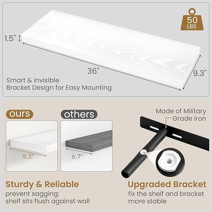 Fun Memories White Floating Shelves 36 Inch Long, 9.3 Inch Deep Floating Shelf 2 Pack for Wall Bathroom, Living Room, Kitchen, Large Long Wall Shelves with Heavy-Duty Bracket for Books Decor
