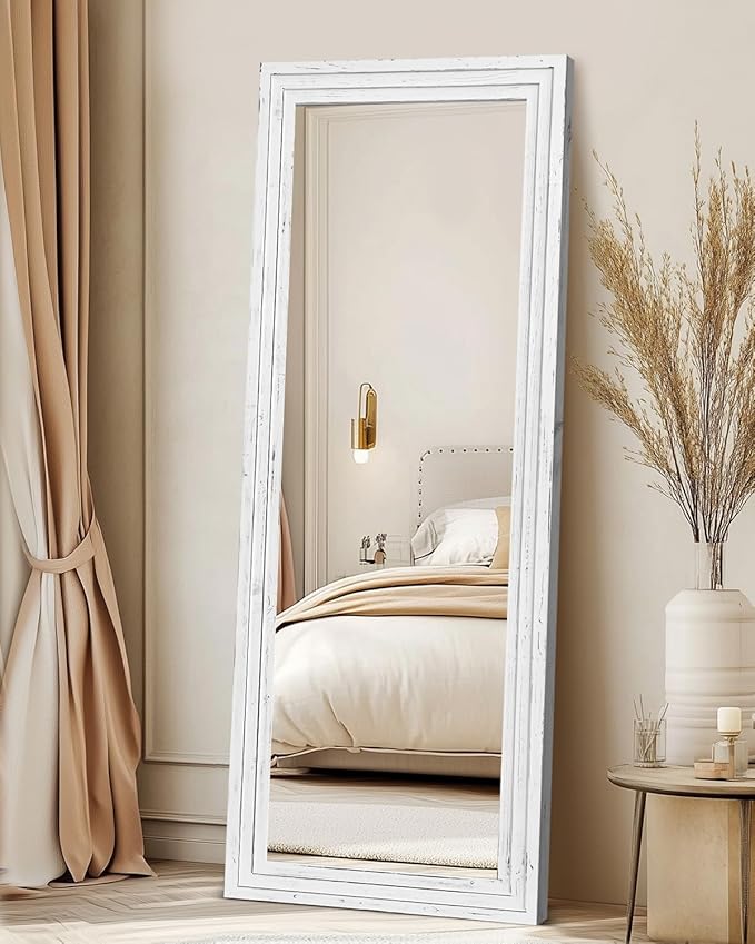 Full Length Mirror 65"x22" with Stand Solid Wood Frame Floor Large Mirror for Living Room, Bedroom Hanging Standing or Leaning Wall-Mounted, White