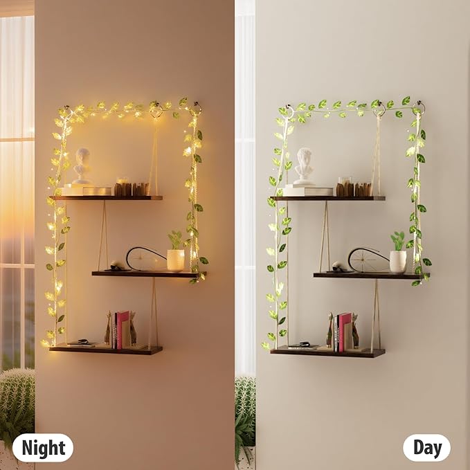 Hanging Shelves for Wall, 3 Tier Boho Wall Decor Hanging Shelf with Vine Lights, Rope Rustic Wood Floating Shelves Floral Plant Decor for Bedroom Living Room Dorm Office Women
