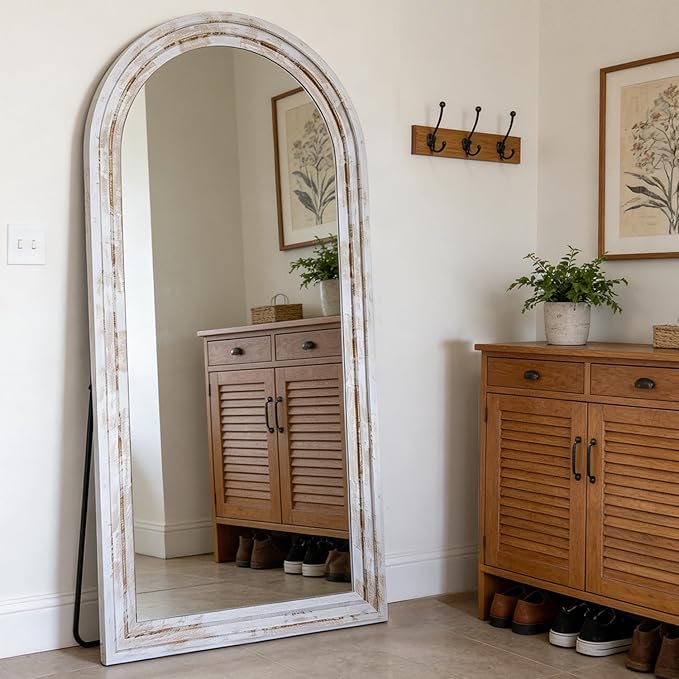 CASSILANDO 71x32 Inch Arched Full Length Mirror with Solid Wood Frame Wall Mounted Floor Mirror, Vertical Hanging Leaning Standing Mirror for Living Room, Bedroom, Entryway, Rustic White