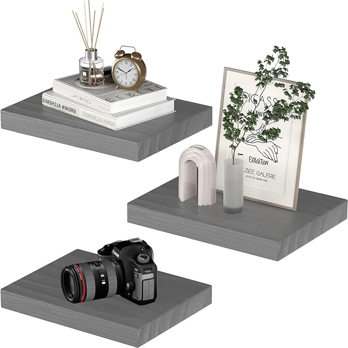 PopiShelves Small Floating Shelves for Wall - 12 x 9 Inch Grey Shelves for Bedroom, Living Room, Bathroom, Kitchen, Office Decor Set of 3