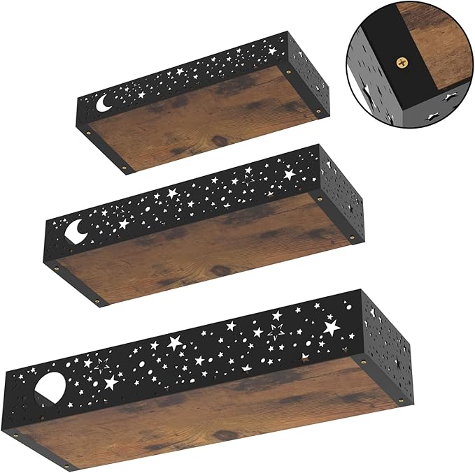 Moon and Stars Wall Shelves Black, Set of 3 Small Floating Shelves for Bedroom Living Room Wall Storage or Decor, Brown Board