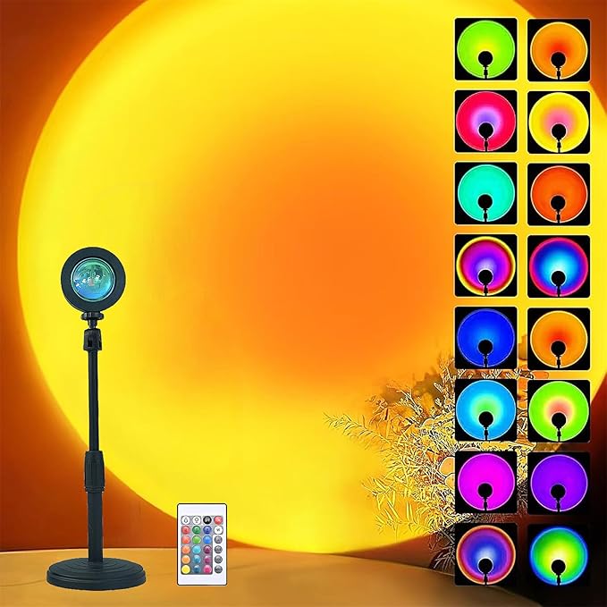 Sunset Table Lamp Projector with Remote, 16 Colors Adjustable 180° Rotation Sunlight with 4 Lighting Modes, USB Charging LED Night Light for Bedroom, Living Room, Photo Selfie Party, Photography
