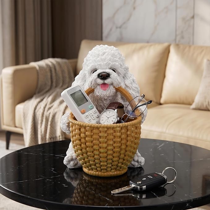 Dog Resin Storage Basket, Desktop Organizer for Remote & Keys, Cute Home Decor Tray, Ideal present for Pet Lovers.(White Poodle)