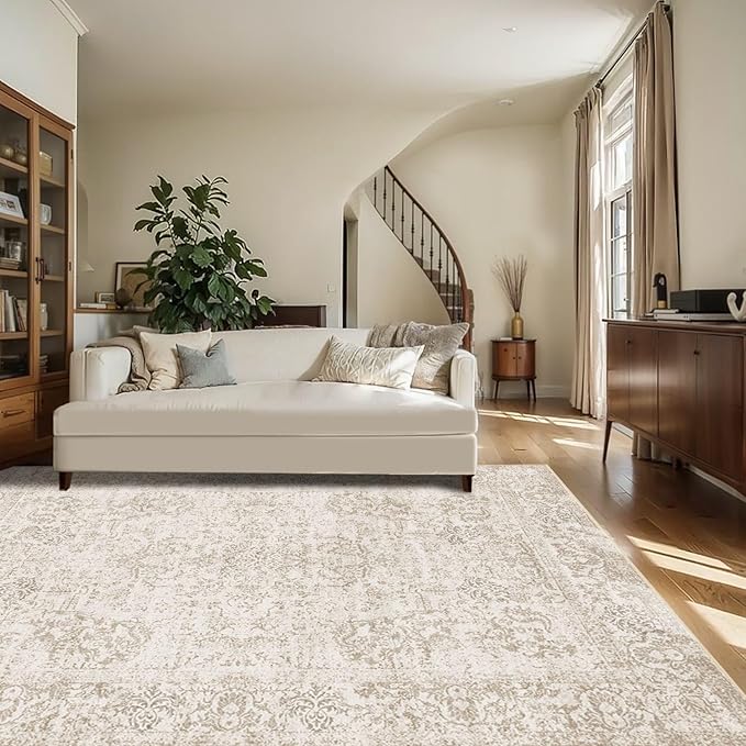 Rugxara 6x9 Washable Area Rug for Living Room, Vintage Neutral Large Boho Rugs for Office, Dining Room, Kids Room, Farmhouse, Durable Low Pile Non Slip Carpet for High Traffic Areas, Light Bown