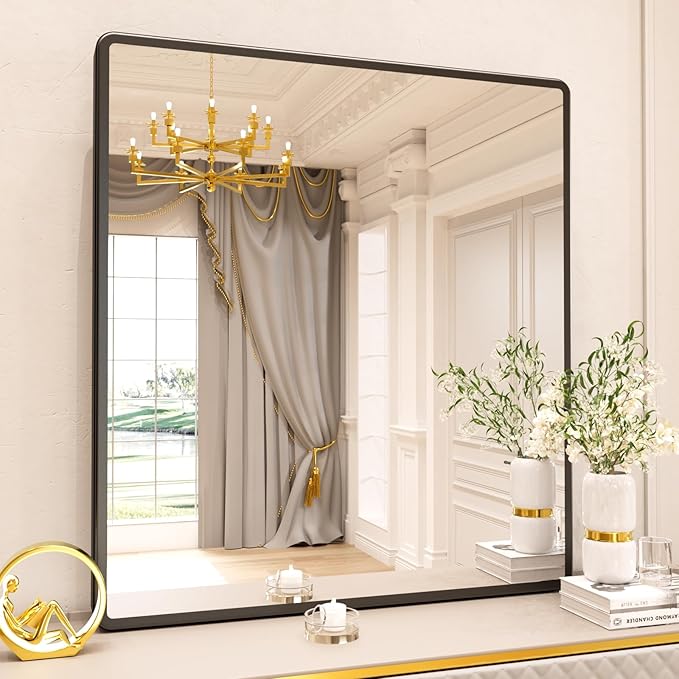 pertetey New Upgrade Bathroom Mirror, 40X36 Inch Black Metal Frame Wall Mounted Rounded Rectangle Bathroom Vanity Mirror with Tempered Glass for Washroom Bedroom Living Room