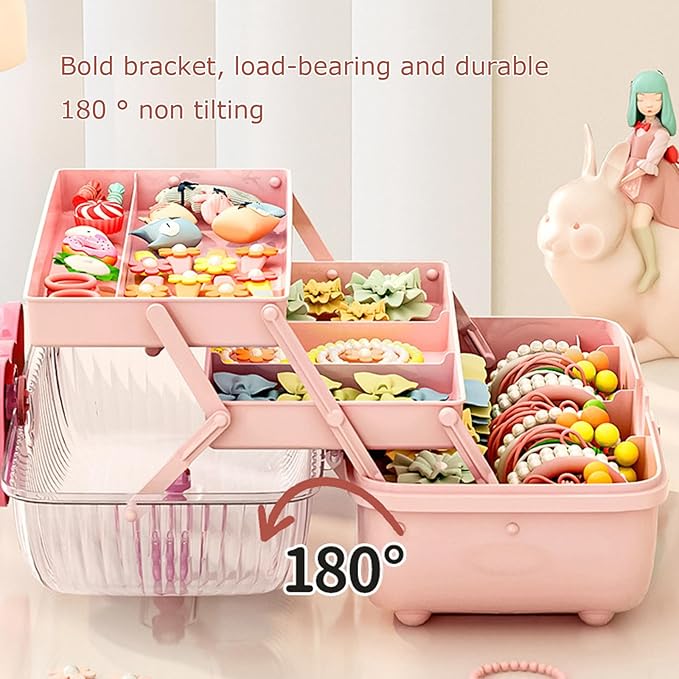 Cute Girls Hair Accessories Storage Box Bow Switch Organizer Box Jewelry Box | Kids Hair Accessories Organizer | 3 Layers Foldable Storage Box with Handle Plastic Makeup Jewelry Holder (Purple)