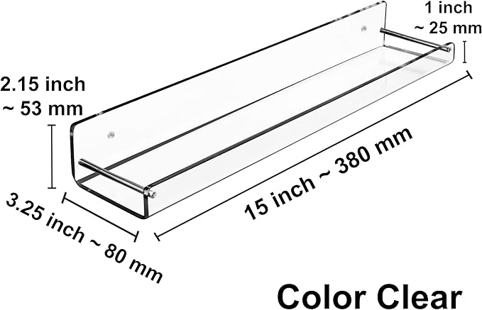 AMT 3 Pack Acrylic Floating Shelves, 15" L x 3.25" W, Clear Bathroom Wall Shelf, Bookshelves, Invisible Display for Office, Bedroom, Small Gap Allows Water to Escape, Free Screws & Drill Bit (Medium)