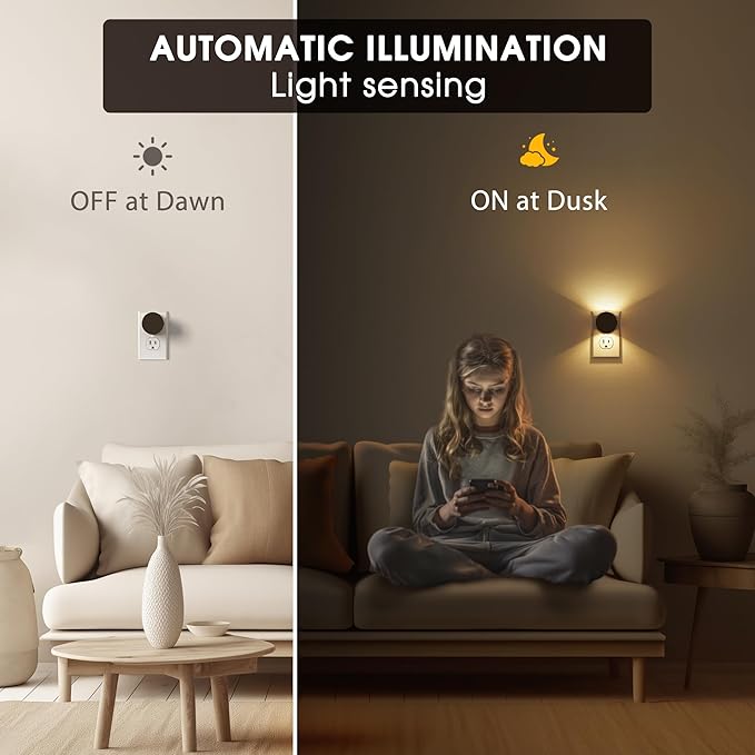 Briignite Night Lights Plug into Wall [2 Pack], Dusk to Dawn Sensor Nightlight, Brightness Adjustable, 3000K Soft White, Dimmable Plug in Night Light for Bedroom, Hallway, Stairs, Kitchen