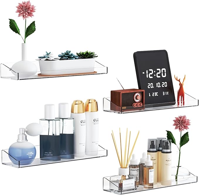 Yieach Clear Acrylic Shelves for Wall with Adhesive,4 Pack 15" Floating Shelves for Bedroom,Room or Bathroom Wall Organizer,Wall Storage & Display Shelf for Funko Pop,Lego,Action Figures,Perfume Shelf