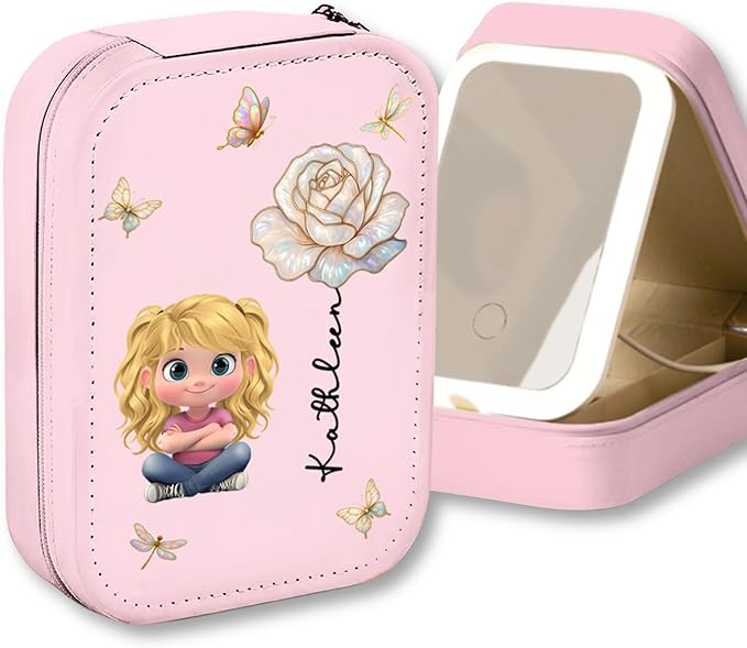 Wrappiness Floral Makeup Box With LED Mirror Gifts for Girl Woman - Personalized Birthmonth Flower Travel Jewelry Organizer Gift for Daughters Sisters on Birthday Christmas