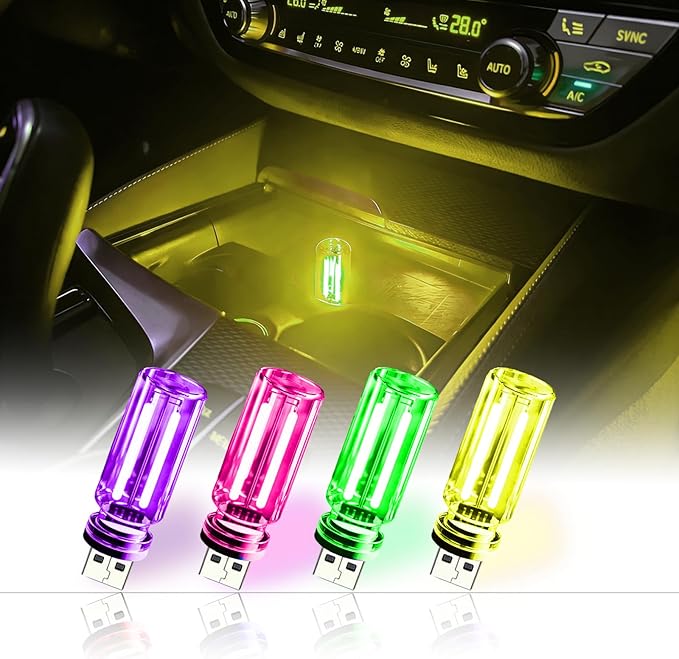 4 Pack USB Ambient Light Set,Mini Vintage Glass USB Night Lights with Touch Control & Dimmable, Plug in Car Interior Atmosphere Lamp for Bedroom,Laptop,Portable Mood Lighting(Purple Pink Green Yellow)
