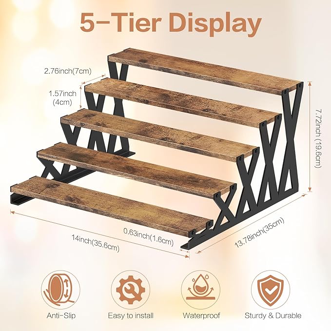 KALYLOC 5 Tier Wooden Display Riser Stand 13.8 Inch Metal Step Perfume Stand Organizer Tabletop Tiered Display Shelf Rack for Cologne Cupcake Spice Figures Cosmetics Candles (Brown, X-Shape)