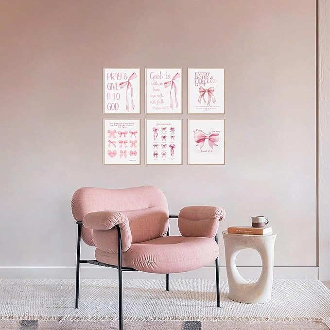 KBKBART Coquette Pink Bow Wall Art Decor Posters– Set of 6 Unframed 8x10 Prints, Inspirational Bible Verse Posters for Girls Room, Aesthetic Christian Decor for Bedroom, Bathroom, or Dorm