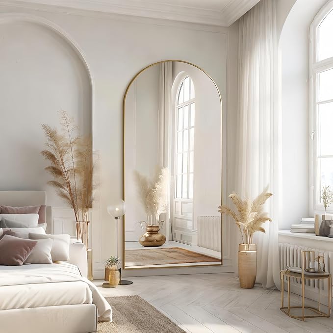 Dewfig Arched Full Length Mirror, 76"x34" Large Floor Mirror, Full Body Mirrors for Leaning or Hanging, Standing Mirrors for Bedroom, Living Room,Dressing Room, Aluminum Alloy Frame, Gold