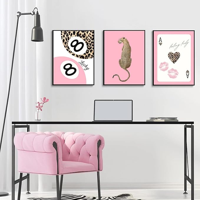 Set of 3 Trendy Pink Leopard Wall Art Cheetah Lucky 8 Ball Posters Prints Preppy Cheetah Aesthetic Wall Decor Pictures for Girly Bedroom Apartment Dorm Decoration Unframed 16x24in