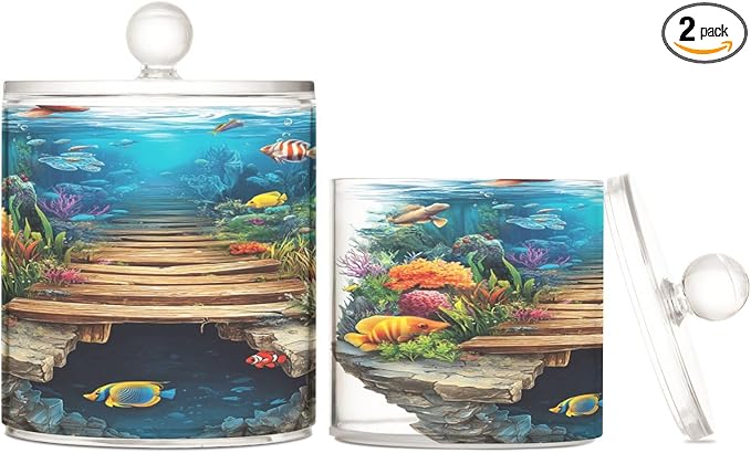 3d Hole White Wall Underwater Scenery Clear Plastic Makeup Organizer Storage with lid Bathroom Essentials Decorative Dental floss storage jar for Cotton Swabs,Cotton Pads,Floss Picks,Paper
