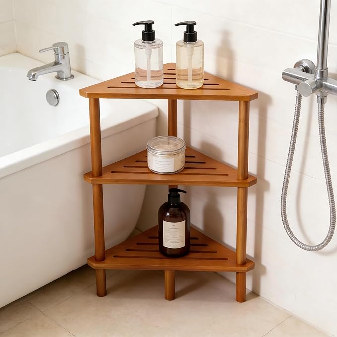 Yoshiky 3-Tier Free Standing Corner Shower Caddy, Bamboo Wood Bathroom Shower Shelf Table for Inside Shower Organizer & Storage Foot Rest Shower Stool
