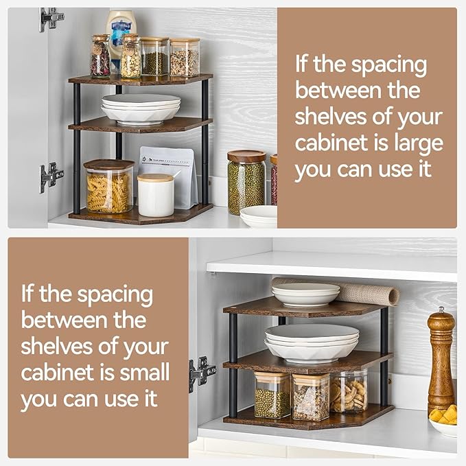 Wooden 3-Tier Corner Shelf, Kitchen Countertop Dish & Bread Organizer Counter Stand Storage for Desktop Bedroom Bathroom Small Space Counter Decor