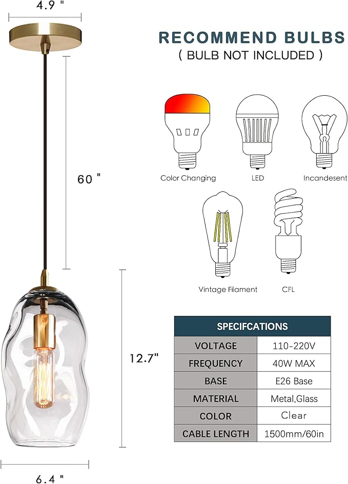 CASAMOTION Large Pendant Lights Modern Kitchen Island Lighting Blown Art Glass Gold and Clear Hanging Light for Dining Table Foyer Bedroom Entryway Hallway Lamp 12" Inch 1 Pack