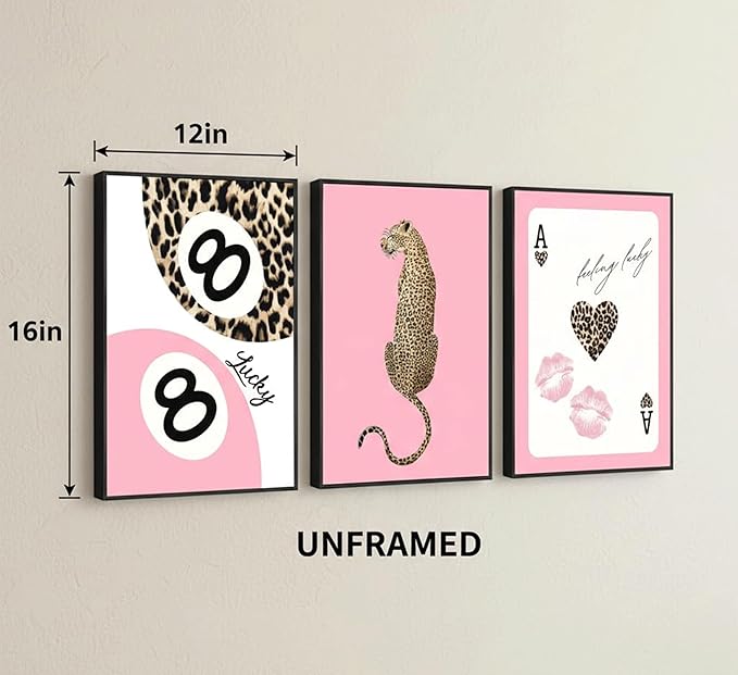 YZLYAD 3Pcs Trendy Pink Leopard Wall Art,Bow Cherry Lips Print Canvas Poster Pictures,Y2k Stylish Preppy Aesthetics Wall Decor for Girls' Rooms Bedroom Dorm Apartment.12x16in Unframed