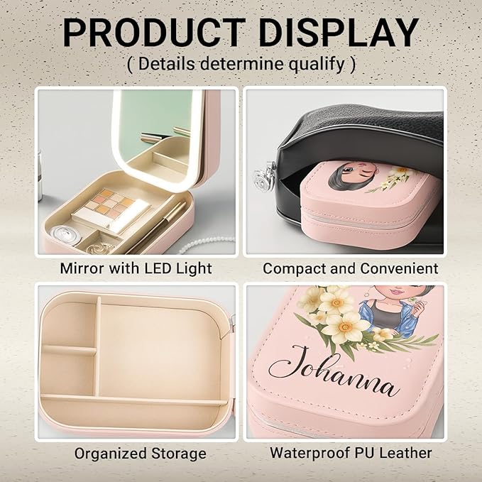 WANDERPRINT Personalized Floral Makeup Box with LED Mirror – Custom Name Birth Month Flower Jewelry Organizer, Travel Cosmetic Case Gift for Women & Girls on Christmas Birthday (Birth Month Girl 3)