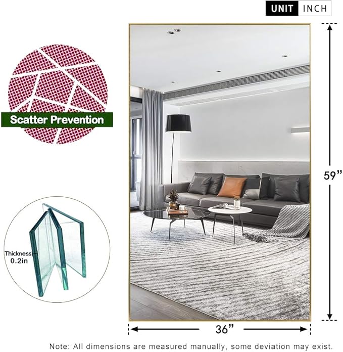 NeuType Full Length Mirror Floor Mirror, Long Mirror Full Body Dressing Mirror, Large Wall Mirror Bathroom Mirror Standing Mirror, Large Mirrors for Bedroom, Metal Frame, Gold 59"x35", No Stand