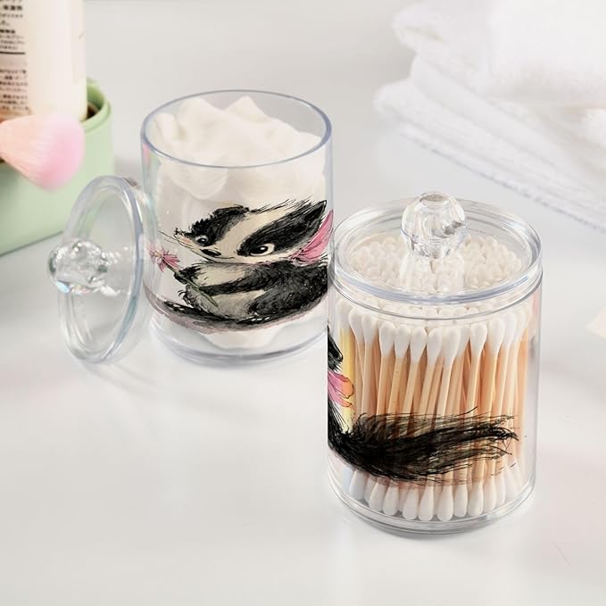 2 Pack Apothecary Jars,Cute Skunk Holding Flower Bathroom Vanity Storage Organizer Set,Small Clear Plastic Storage Jars Bathroom Canister for Cotton Swabs,Rounds,Balls,Qtips,Makeup Sponges