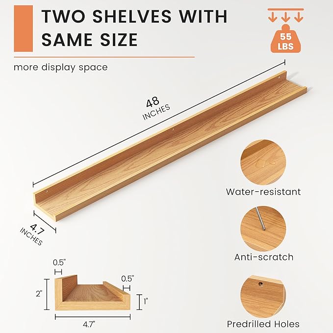 Picture Ledge Shelf, Floating Shelves Set of 2, 48 Inches Long Large Nursery Book Shelves for Toys Storage, Kids Bookshelf Wall Mounted for Living Room Bedroom Decor Books Photo Frames, Natural Oak
