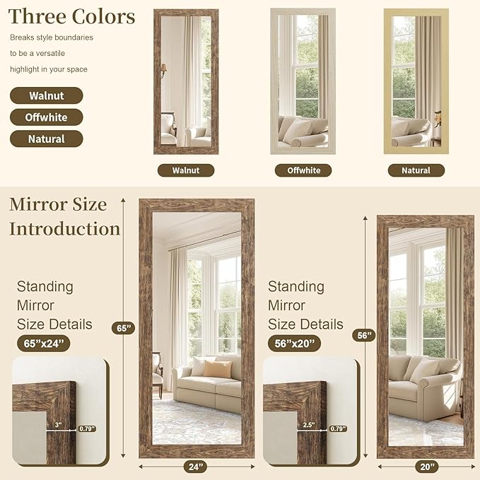 Syndra Modern Full Length Mirror Wood Frame, 56x20'' Large Floor Mirror with HD Tempered Glass & Wall Mount Option, Rectangular Standing Mirror for Bedroom, Living Room, Entryway, Farmhouse(Walnut)