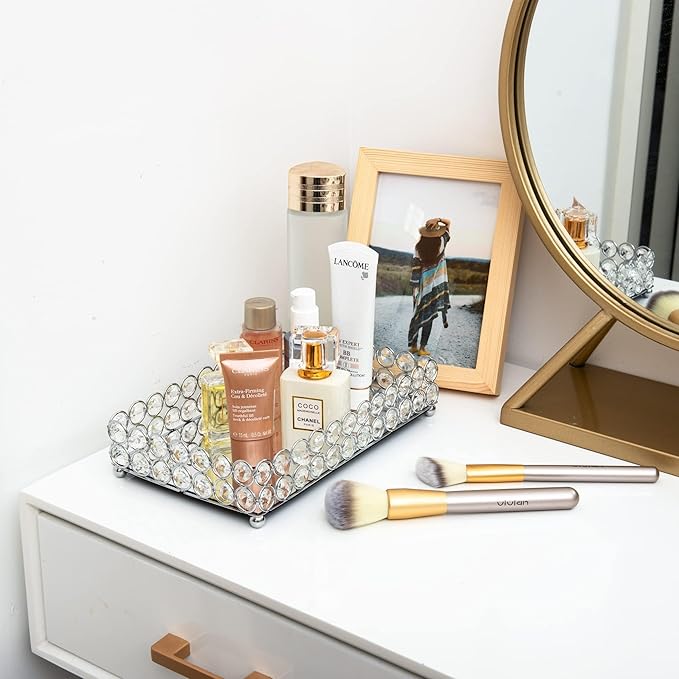 Feyarl Crystal Perfume Tray Cosmetic Makeup Vanity Tray Jewelry Trinket Rings Earrings Organizer Decorative Tray Storage for Home Deco Wedding Dresser Coffee Tabletop Girl Women Gift(10" x 6 "Silver)