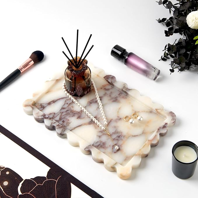 Luxury Natural Scalloped Marble Tray – 11.8 x 7.8-Inch Calacatta Viola Stone Vanity Tray, Elegant Catchall Organizer for Jewelry Perfume Keys, Unique Statement Tray for Bathroom Coffee Table & Dresser