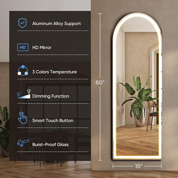 DUMOS Arched Full Length Mirror with Light - 20"×63" LED Floor Standing Mirror with 3 Color Lights & Wall Mounted for Bedroom, Dressing Room, Living Room, Bathroom