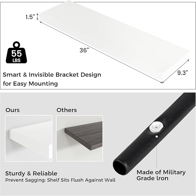 Venusmiles Floating Shelves for Wall, Engineered Wood Wall Shelves with Invisible Brackets for Living Room Bedroom Bathroom Office Kitchen Decor and Storage (White, 36" W x 9" D x 1.5" H) Set of 2