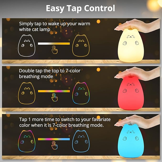 GoLine Cute Night Lights for Kids, Best Christmas Birthday Gifts for 3-12 Year Old Girls Teen, Cat Silicone Baby Night Light for Newborn, Remote and Tap Control