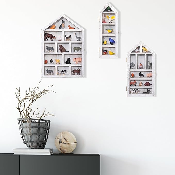 DoubleFill Set of 3 Wooden Trinket Display Shelf Shadow Box with Shelves 10 x 15 Inch Large Wall Mounted Display Storage Mini Figures Curio Trinket Medals Crafts Collections(Antique White,House Shape)