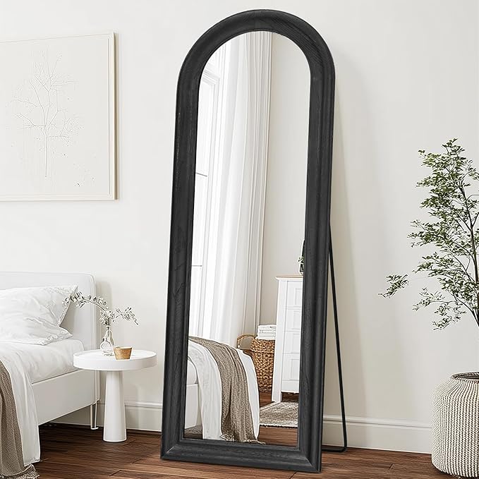 Solid Wood Full Length Mirror - 65"x22" Arched Floor Mirror, Free Standing & Wall Mounted - Elegant Design for Bedroom, Dressing Room, Hallway, Black