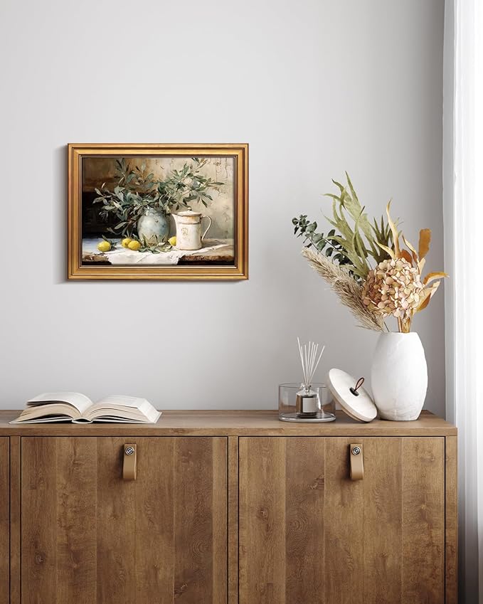 Bzstyleart Vintage Wall Art Decor for Living Room, Gold Framed Canvas Wall Art Home Decor Aesthetic, Lemon Pottery Jar Artwork Prints, Canvas Picture Print Artwork, 12 x 16 Inch