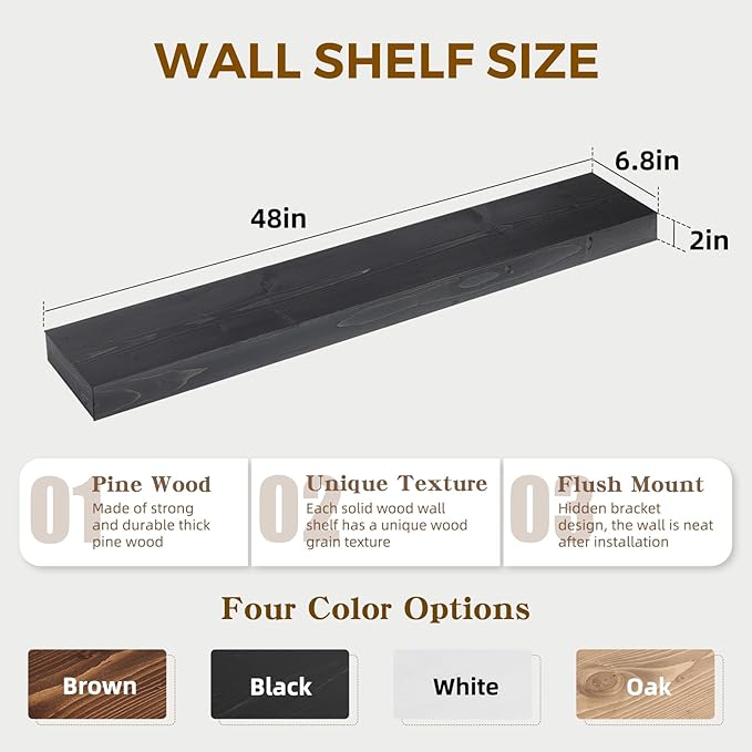 48x6.8x2in Floating Shelf – Natural Black Solid Wood Rustic Mounted Shelf – Heavy Duty Decorative Storage for Living Room, Kitchen, Bathroom, Bedroom