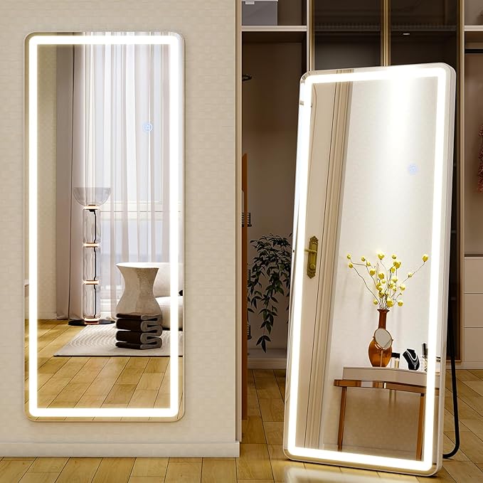 56"x21" LED Full Length Mirror – Standing Floor Body Mirror with Dimmable Lights 3 Color Modes – Adjustable Brightness, Wall-Mount or Leaning for Barber, Fitness Center, Dressing Room