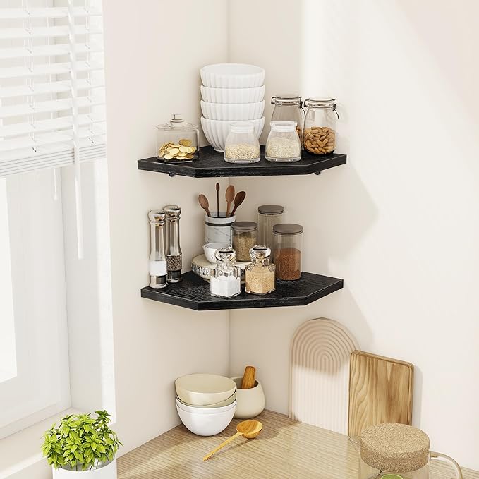 Corner Shelves 4-Pack for Bathroom & Kitchen, Space-Saving Floating Corner Wall Shelf with Easy Installation- Black