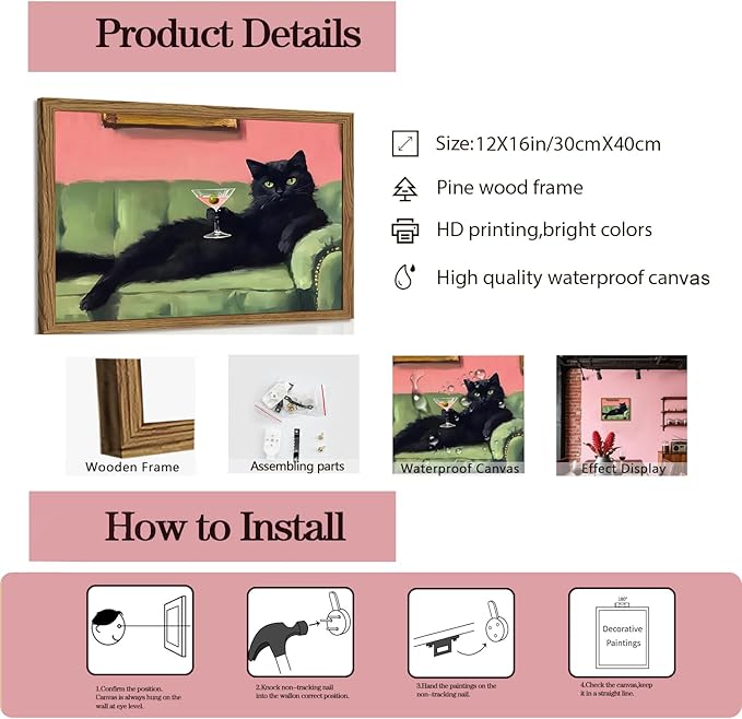 Funny Black Cat Martini Wall Art, Bar Cart Decor, Eclectic Cocktail Painting Canvas Print, Cute Animal Artwork Picture for Bedroom Living Room Kitchen 12x16 inch Wood Framed