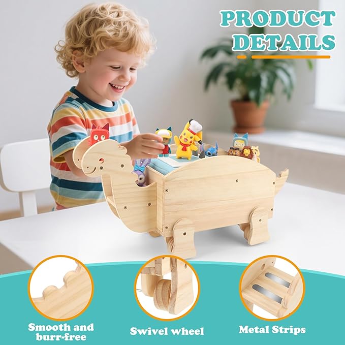 Dinosaur for Toniebox Organizer Shelf Storage – Magnetic Wooden for Tonies Shelf & Tonies Figures Display Rack, Slideable Dinosaur Car Design Compatible with Toniebox 1/2