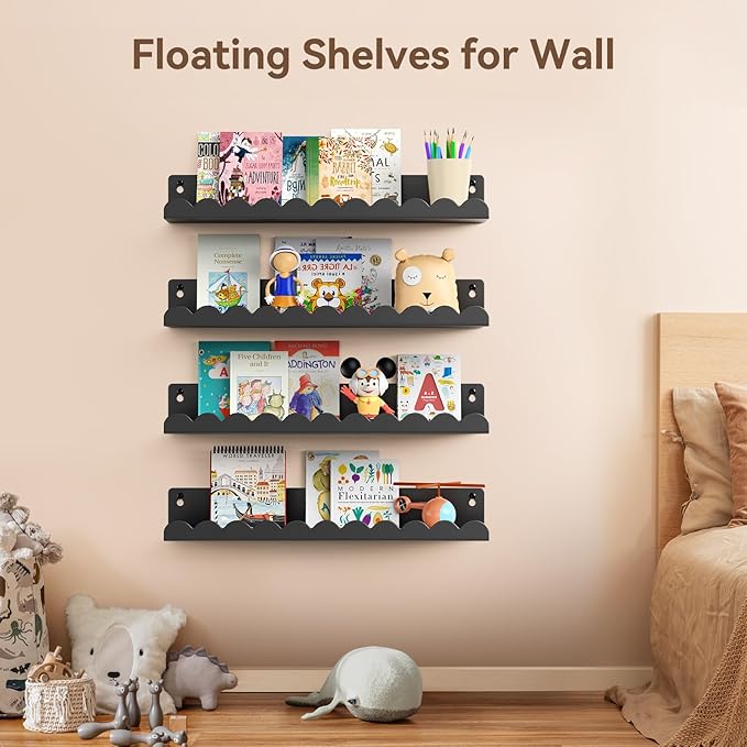 Nursery Book Shelves, 17 Inch Metal Floating Shelves for Wall 4 Pack, Scalloped Shelves, Wall Mounted Book Shelf for Kids Bedroom, Baby Room, Nursery Decor （Black）