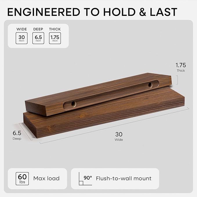 Homeforia Classic Walnut 30 inch Floating Shelf, High End Solid Real Wood Small 30inch Floating Shelves for Wall Mounted, 30in Floating Shelves, Heavy Duty Bracket, 30 X 6.5 X 1.75 inches, Set of 4
