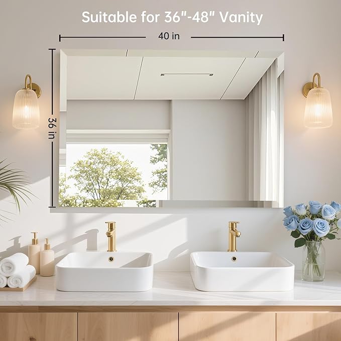 40x30 Inch Rectangle Frameless Mirror, Beveled Bathroom Mirror, Frameless Wall Mirror with 1" Beveled Edge for Bathroom Vanity, Entryway, Living Room