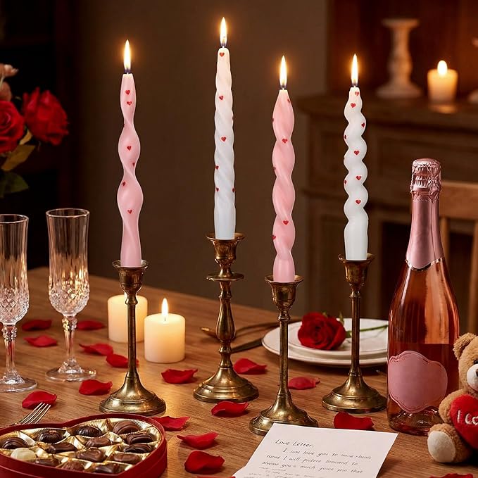 Nuanchu 4 Pcs Twisted Taper Candles Wax Unscented Smokeless Spiral Swirl Candlesticks for Wedding Holiday Dinner Party Home Decorations(7.87 Inch,Heart,Pink White)