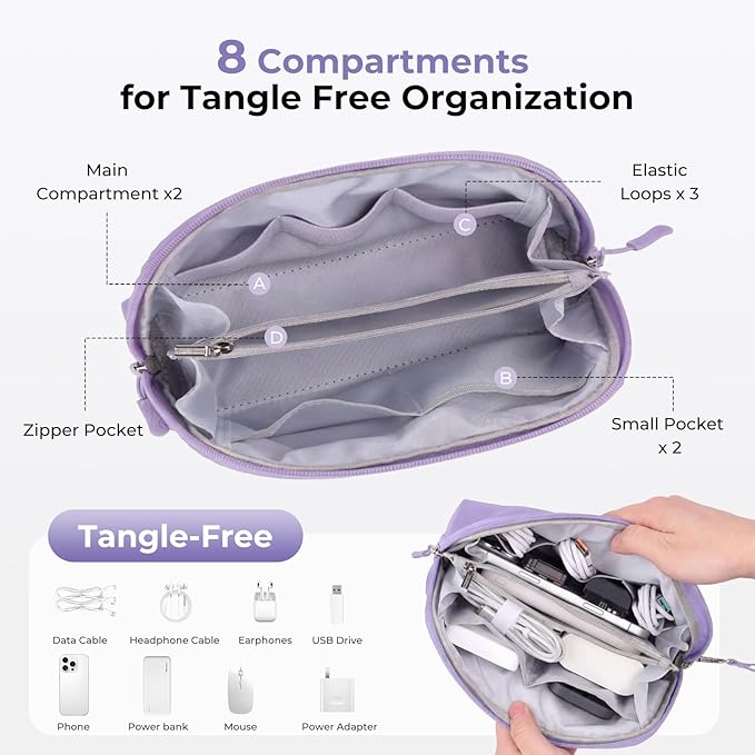 FYY Travel Cable Organizer - 8 Compartments Lightweight Water Resistant Tech Pouch with Wrist Strap, Electronic Accessories Case for Cord Charger Storage for Travel Home Office, Purple (Medium)