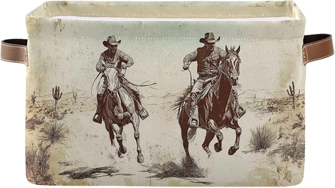 Horse Desert Cowboy Beige Rectangular Storage Bin Basket with Handles - Organizer Bins Laundry Storage Basket for Pets Room Books Closet